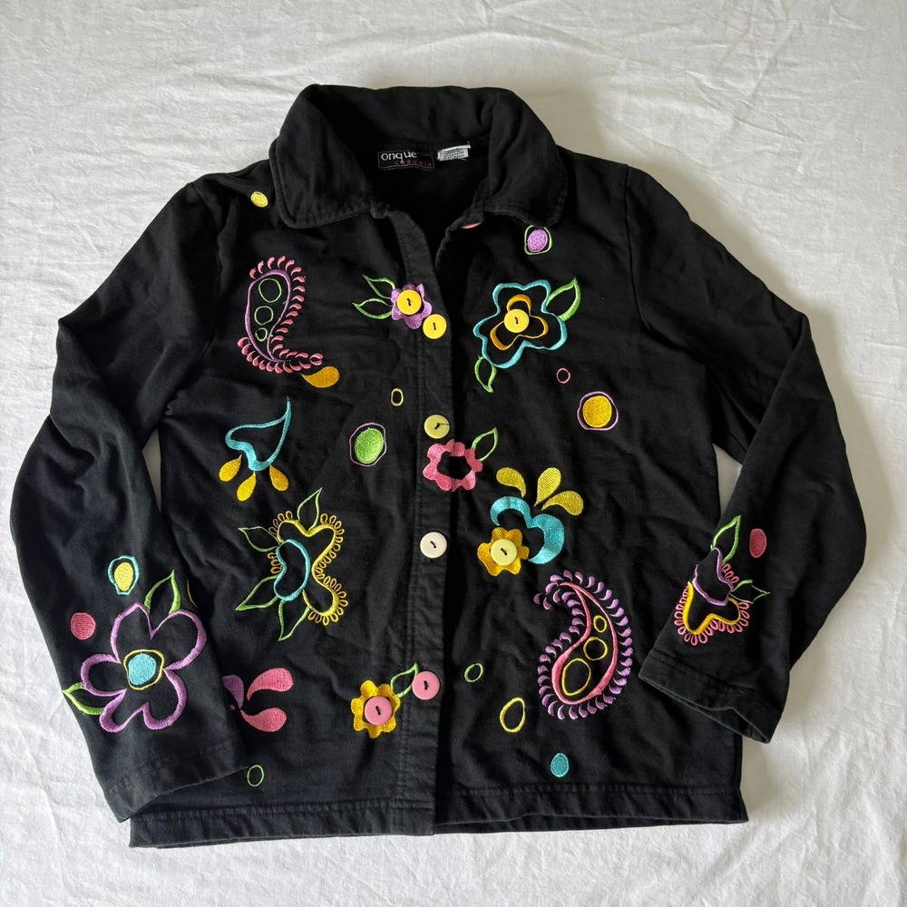 Onque Casuals Black Cotton Embroidered Floral Paisley Button Front Jacket Small - Picture 2 of 11